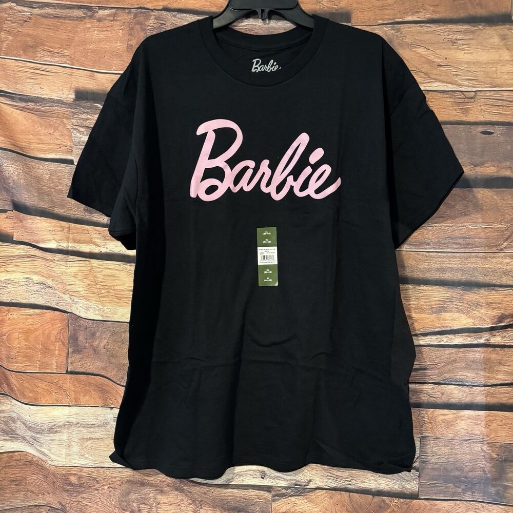 Barbie Shirt Mens XL Extra Large Black Pink Classic Script Logo Graphic Tee NWT